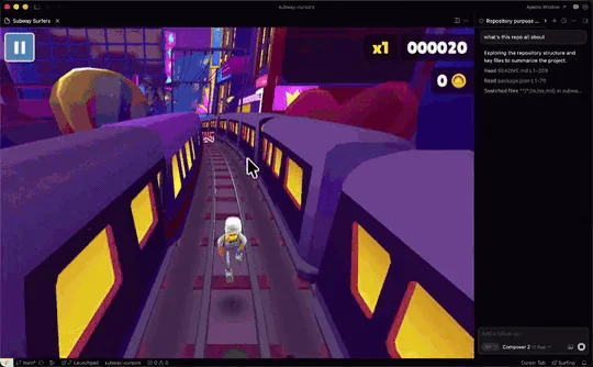 subway surfers running in the editor while the agent thinks